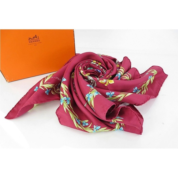 Hermes Silk Scarf - Rich Magenta with Floral Design - Picture 1 of 11